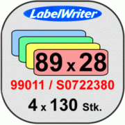 S0722380/99011 DYMO Адресные этикетки, разноцветные бумажные (Желт, Гол, Роз, Зел), 89 х 28 мм, 130х4 этикеток, стойкие
